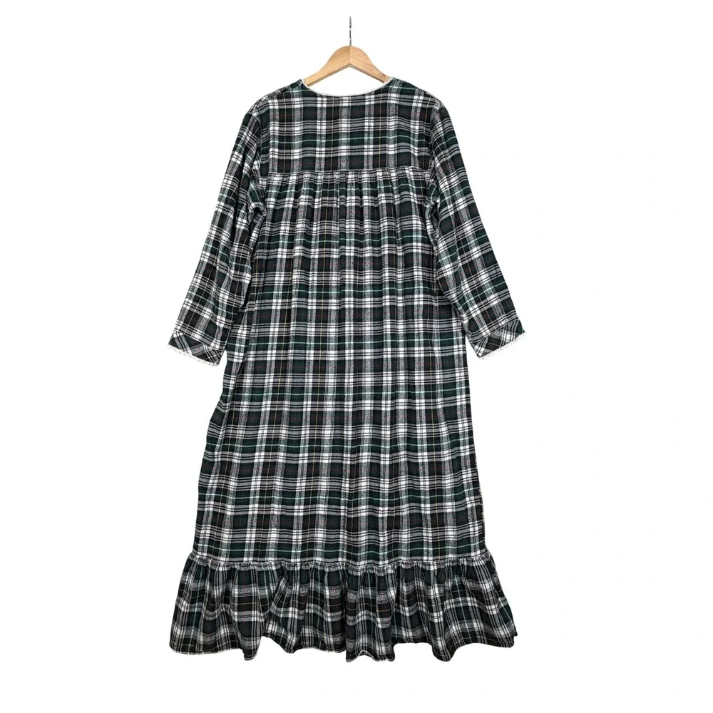 VTG Amanda Stewart Plaid Nightgown Medium Green White Cotton Flannel Lace Trim - Picture 2 of 11